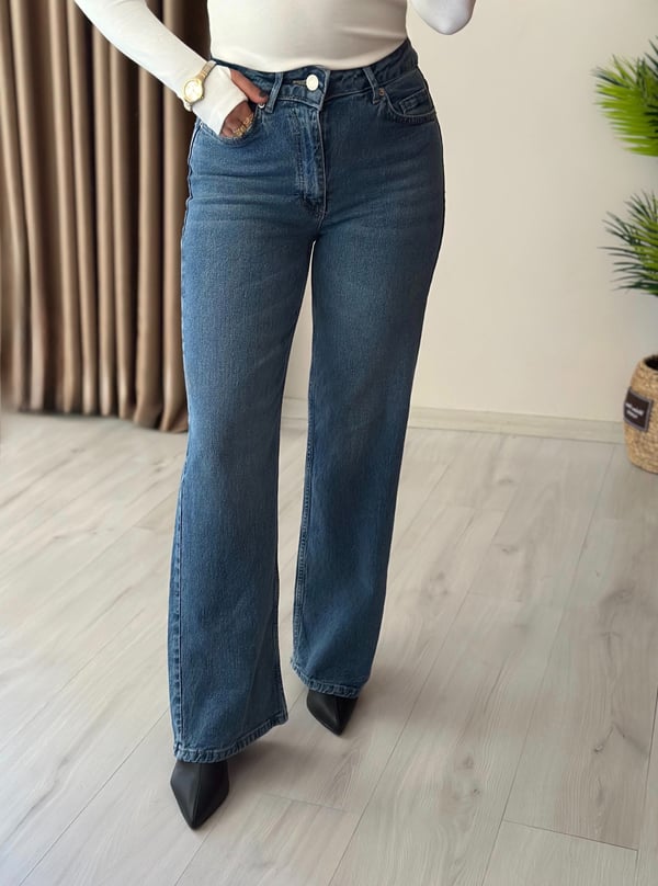 Yüksek Bel Likralı Straight Jean Vintage Mavi