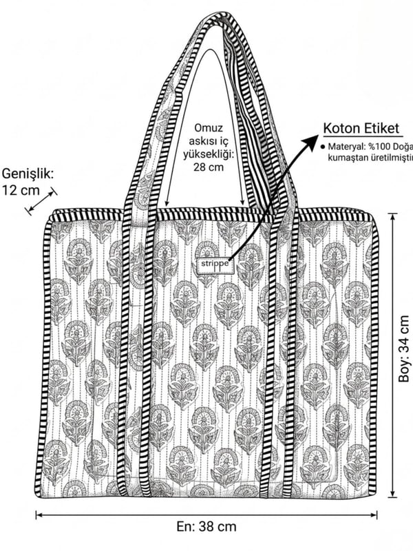 GARDEN- Çiçek Desenli Yeşil Pamuklu Kumaş Günlük Omuz Çantası - Tote Bag