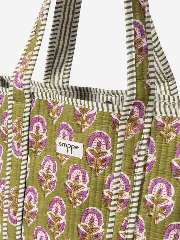 GARDEN- Çiçek Desenli Yeşil Pamuklu Kumaş Günlük Omuz Çantası - Tote Bag