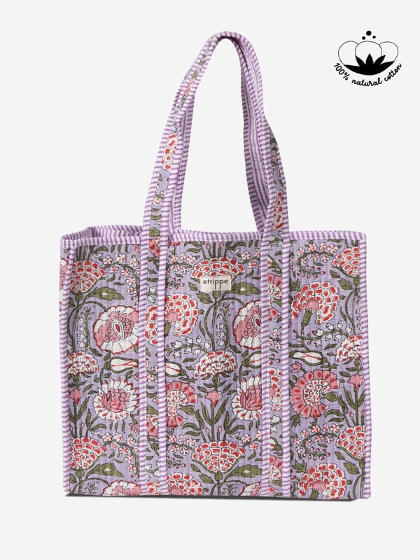 MARIGOLD - Floral Desenli Eflatun Pamuklu Kumaş Günlük Omuz Çantası - Tote Bag