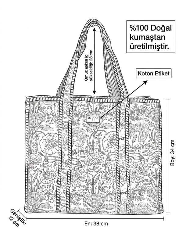MARIGOLD - Floral Desenli Eflatun Pamuklu Kumaş Günlük Omuz Çantası - Tote Bag