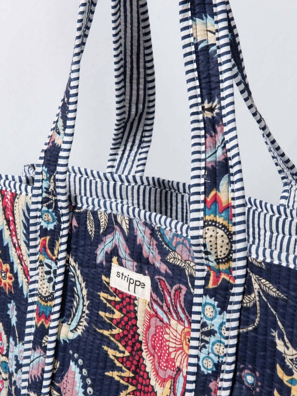 NIGHTBLOOM- Floral Desenli Lacivert Pamuklu Kumaş Günlük Omuz Çantası - Tote Bag