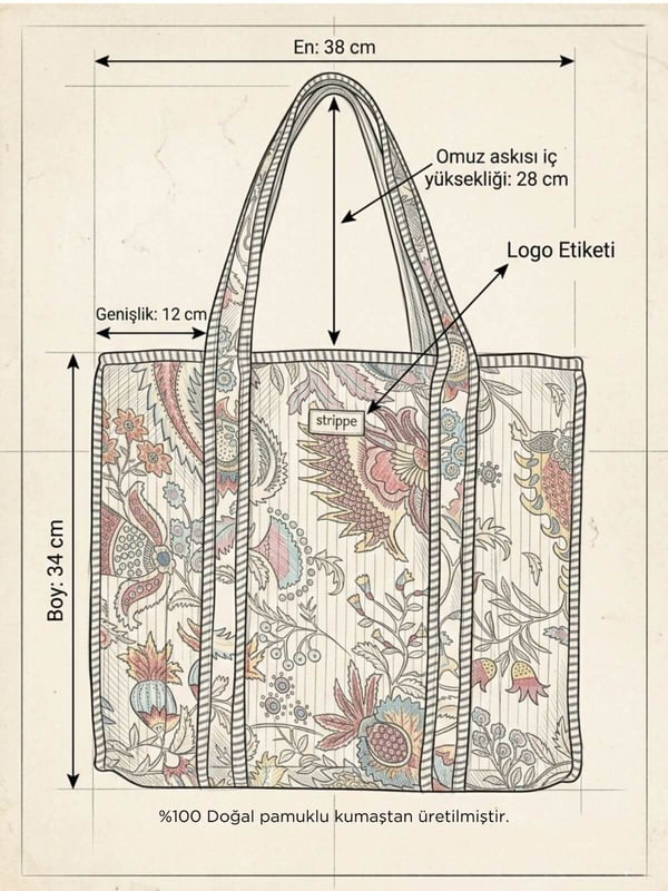 NIGHTBLOOM- Floral Desenli Lacivert Pamuklu Kumaş Günlük Omuz Çantası - Tote Bag