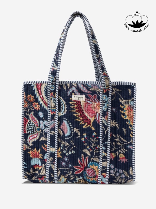 NIGHTBLOOM- Floral Desenli Lacivert Pamuklu Kumaş Günlük Omuz Çantası - Tote Bag