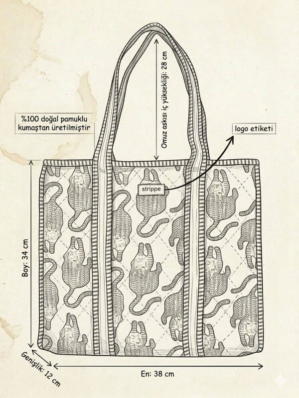PANTHERA - Kaplan Desenli Mavi Pamuklu Kumaş Günlük Omuz Çantası - Tote Bag