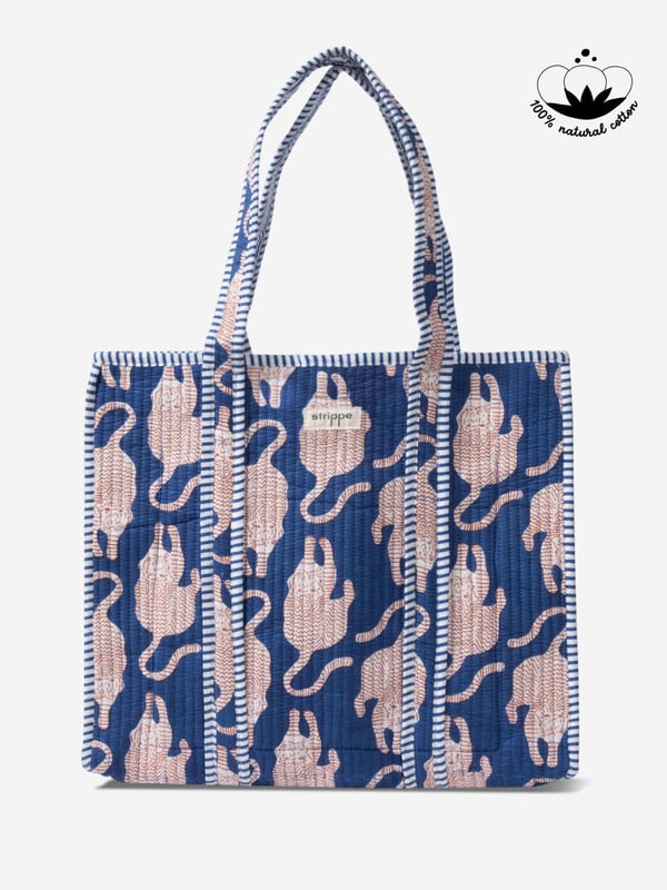 PANTHERA - Kaplan Desenli Mavi Pamuklu Kumaş Günlük Omuz Çantası - Tote Bag