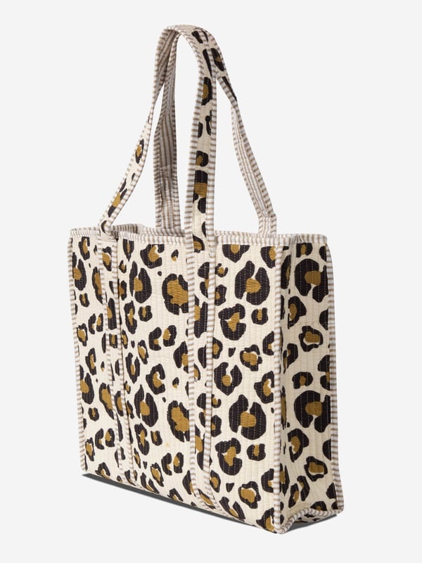 SAFARI- Leopar Desenli Bej Pamuklu Kumaş Günlük Omuz Çantası - Tote Bag