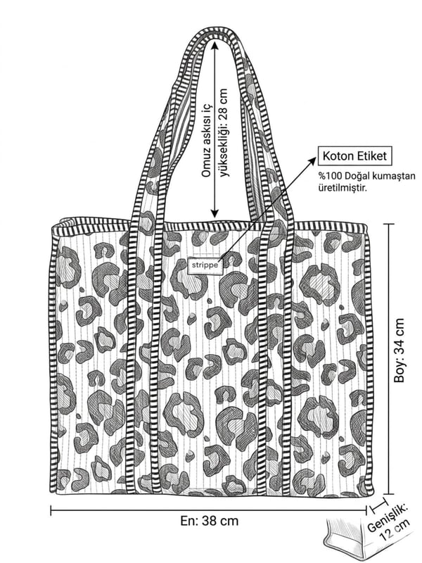 SAFARI- Leopar Desenli Gri Pamuklu Kumaş Günlük Omuz Çantası - Tote Bag
