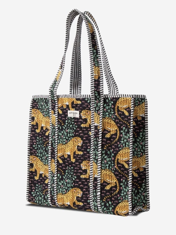 SAVANNA - Leopar Desenli Siyah Pamuklu Kumaş Günlük Omuz Çantası - Tote Bag