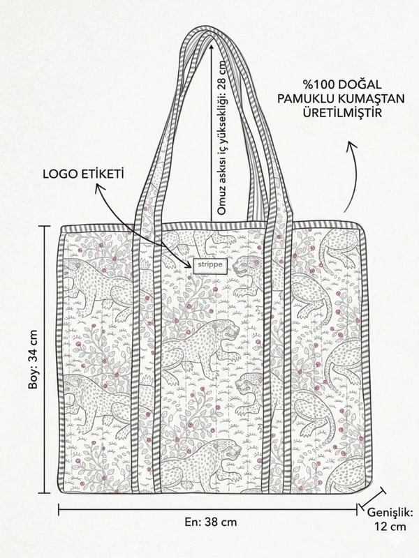 SAVANNA - Leopar Desenli Siyah Pamuklu Kumaş Günlük Omuz Çantası - Tote Bag