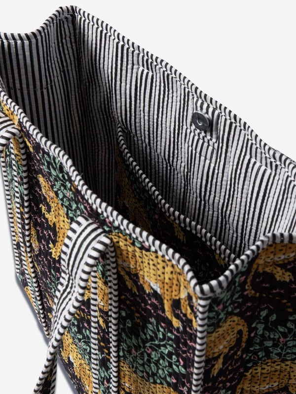 SAVANNA - Leopar Desenli Siyah Pamuklu Kumaş Günlük Omuz Çantası - Tote Bag