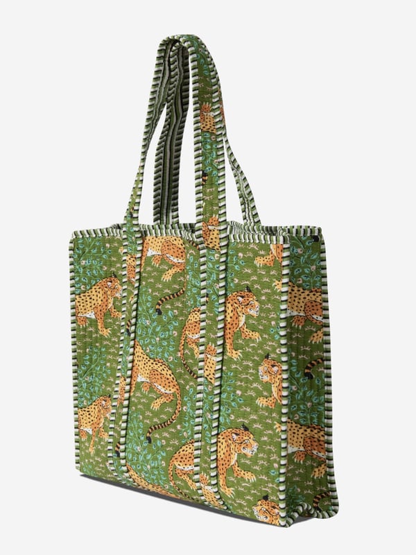 SAVANNA - Leopar Desenli Yeşil Pamuklu Kumaş Günlük Omuz Çantası -  Tote Bag