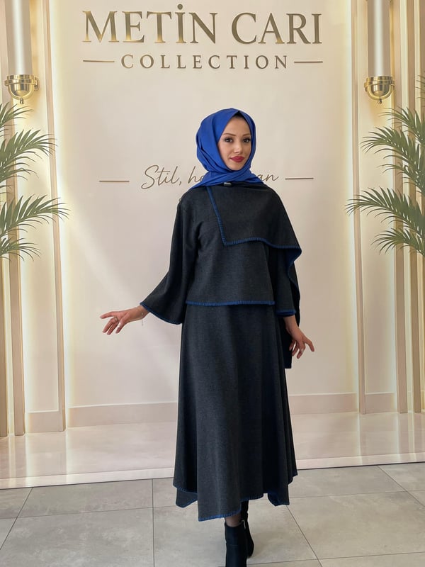 Kahma Şal Aksesuarlı Ekose Desen Bluz Etek Takım  Lacivert