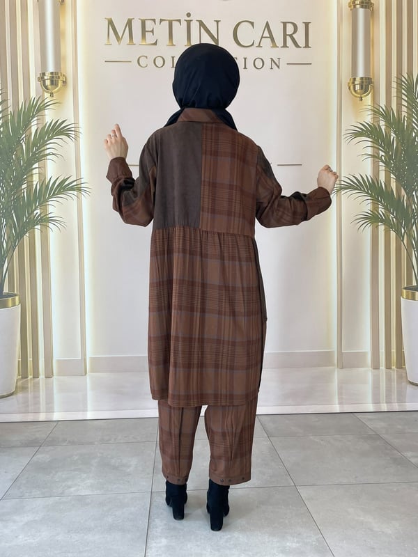 Misswhence Ekose Desenli Kumaş Kombinli Tunik Pantolon Takım 40304
