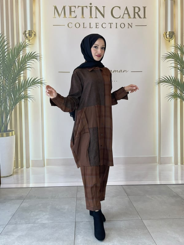 Misswhence Ekose Desenli Kumaş Kombinli Tunik Pantolon Takım 40304