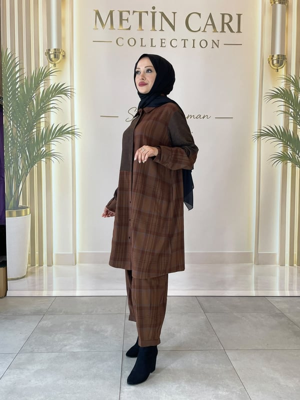 Misswhence Ekose Desenli Kumaş Kombinli Tunik Pantolon Takım 40304
