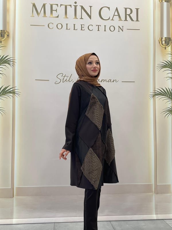 Misswhence Kumaş Kombinli Patcwork Tunik 40009 Kahve