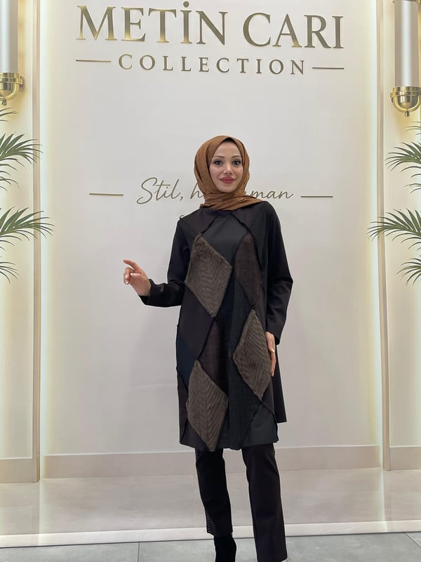 Misswhence Kumaş Kombinli Patcwork Tunik 40009 Kahve