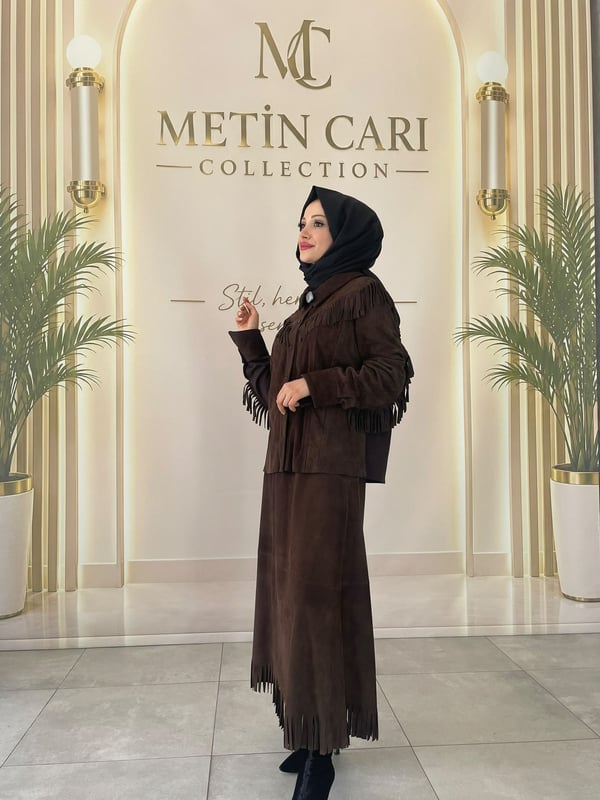 Misswhence Püskül Detaylı Natural Güderi Ceket  Püskül Detaylı Güderi Natural Etek 