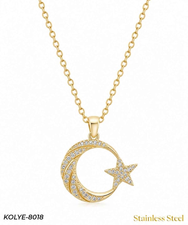  Çelik Taşlı Ay Yıldız Kolye 45 cm // KOLYE-8018KOLYE-8018