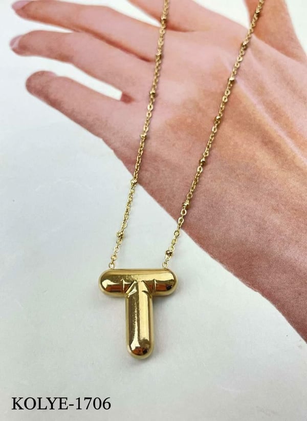 Çelik Balon Harf Kolye (T) 45cm Gold Renk // KOLYE-1706.KOLYE-1706
