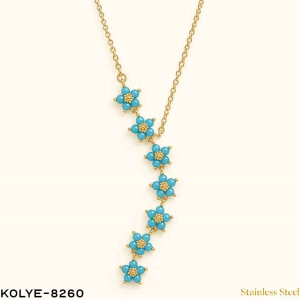 Çelik Çiçek Detay Mavi Y Kolye //KOLYE-8260KOLYE-8260