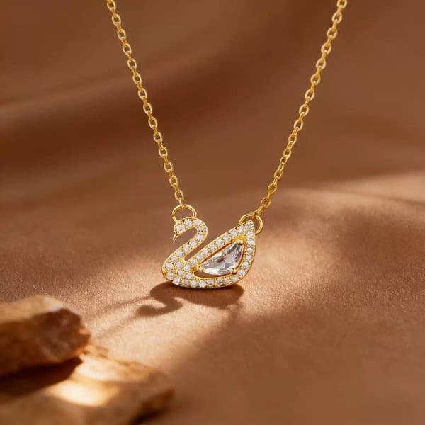 Çelik Gold Renk Taşlı SWAR Kuğu Kolye // KOLYE-7291KOLYE-7291