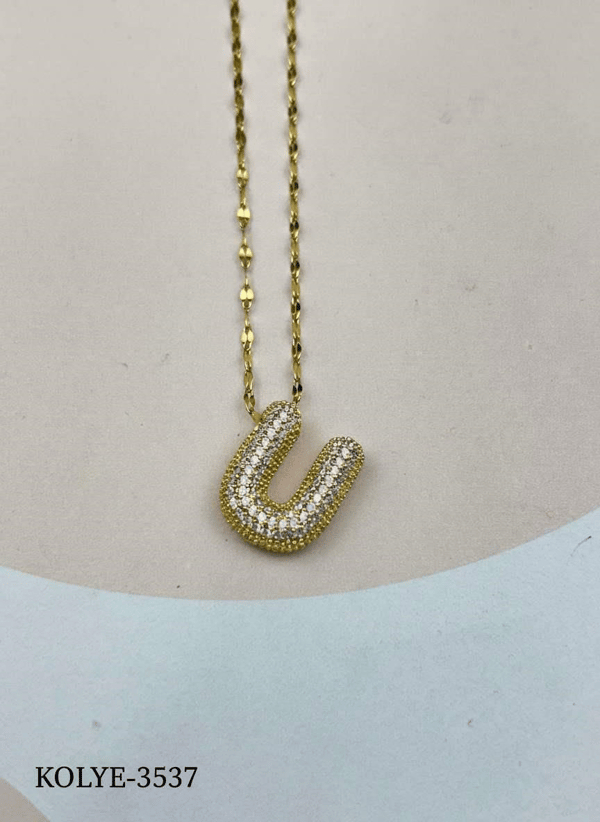 Çelik Gold Taşlı Balon Harf Kolye 45cm (U) // KOLYE-3537.KOLYE-3537