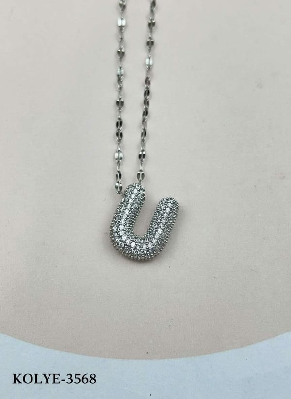 Çelik Silver Taşlı Balon Harf Kolye 45cm (U) // KOLYE-3568.KOLYE-3568