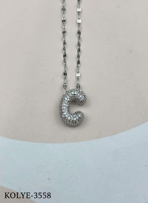 Çelik Silver Taşlı Balon Harf Kolye 45cm (C) // KOLYE-3558.KOLYE-3558
