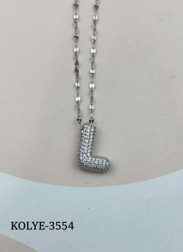 Çelik Silver Taşlı Balon Harf Kolye 45cm (L) // KOLYE-3554.KOLYE-3554