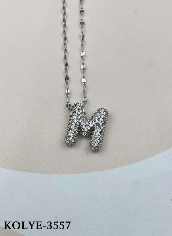 Çelik Silver Taşlı Balon Harf Kolye 45cm (M) // KOLYE-3557.KOLYE-3557