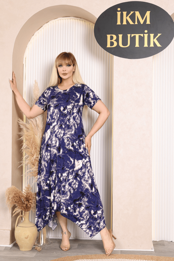 İKM BUTİK Viskon Asimetrik Mor Batik  Desen Elbise
