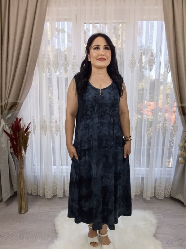 İKM BUTİK Viskon Askılı Füme Batik  cepli Likralı Elbise