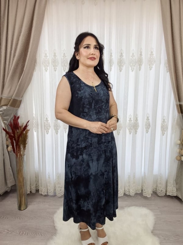 İKM BUTİK Viskon Askılı Füme Batik  cepli Likralı Elbise