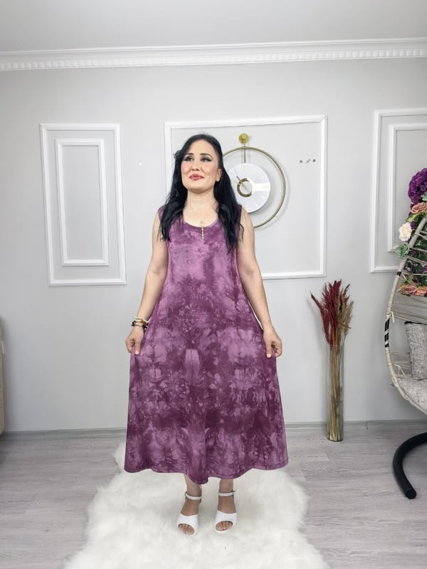 İKM BUTİK Viskon Askılı Pempe Batık Desen  cepli Likralı Elbise