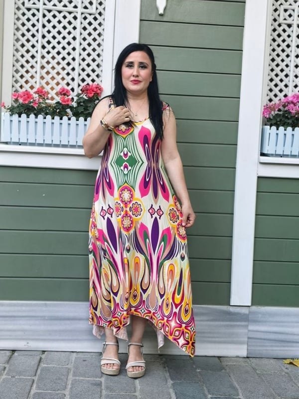 İKM BUTİK Viskon Askılı Retro Etnik Desen Krem  Elbise