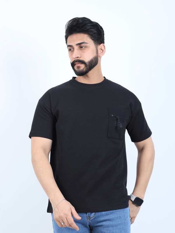 Erkek Bisiklet Yaka Baskılı Cep Detaylı Oversize Tişört