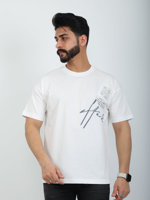 Erkek Bisiklet Yaka Baskılı Nakışlı Oversize Tişört