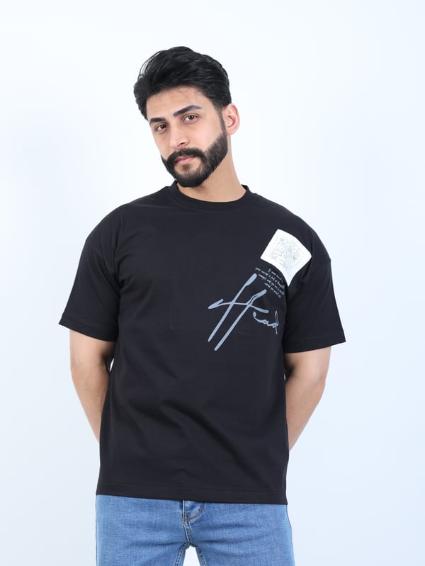 Erkek Bisiklet Yaka Baskılı Nakışlı Oversize Tişört