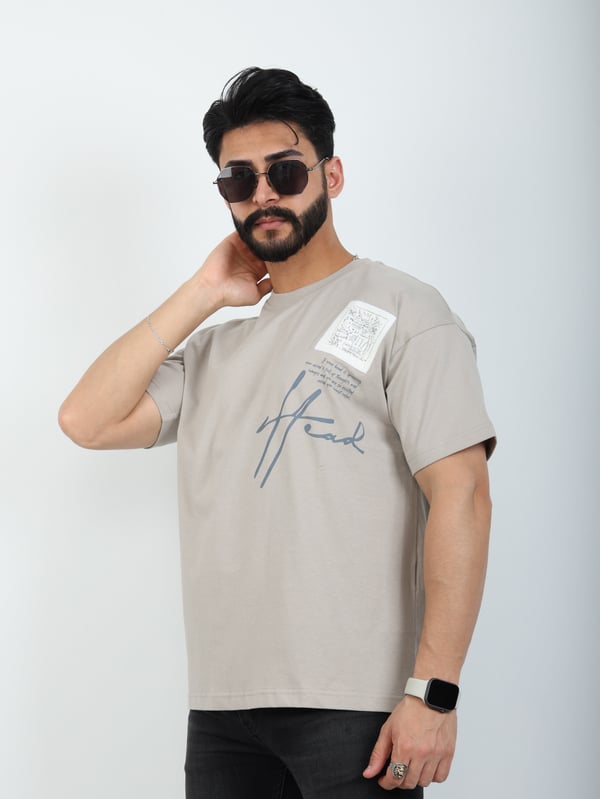 Erkek Bisiklet Yaka Baskılı Nakışlı Oversize Tişört