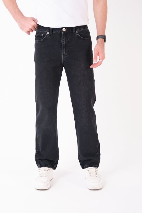 Erkek Siyah Yıkamalı Kot Pantolon Düz Kesim Rahat Kalıp Günlük Denim Jean