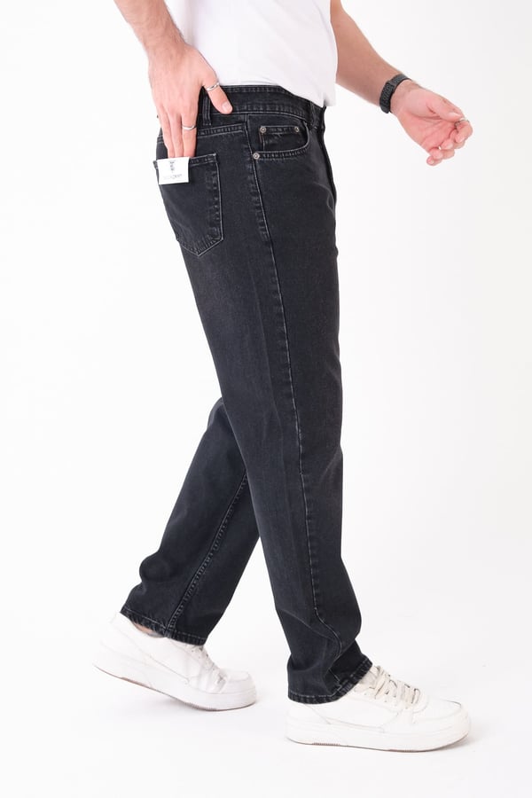 Erkek Siyah Yıkamalı Kot Pantolon Düz Kesim Rahat Kalıp Günlük Denim Jean