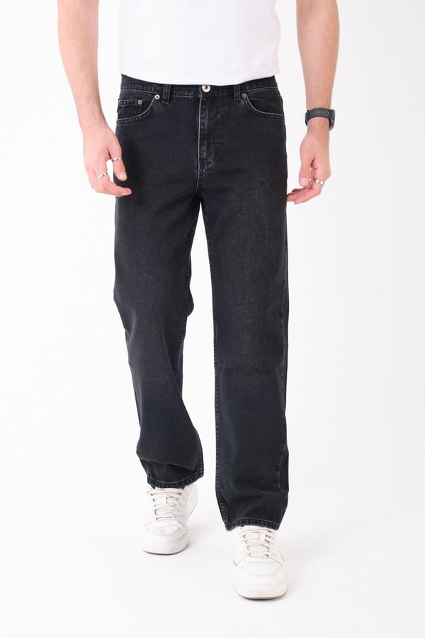 Erkek Siyah Yıkamalı Kot Pantolon Düz Kesim Rahat Kalıp Günlük Denim Jean