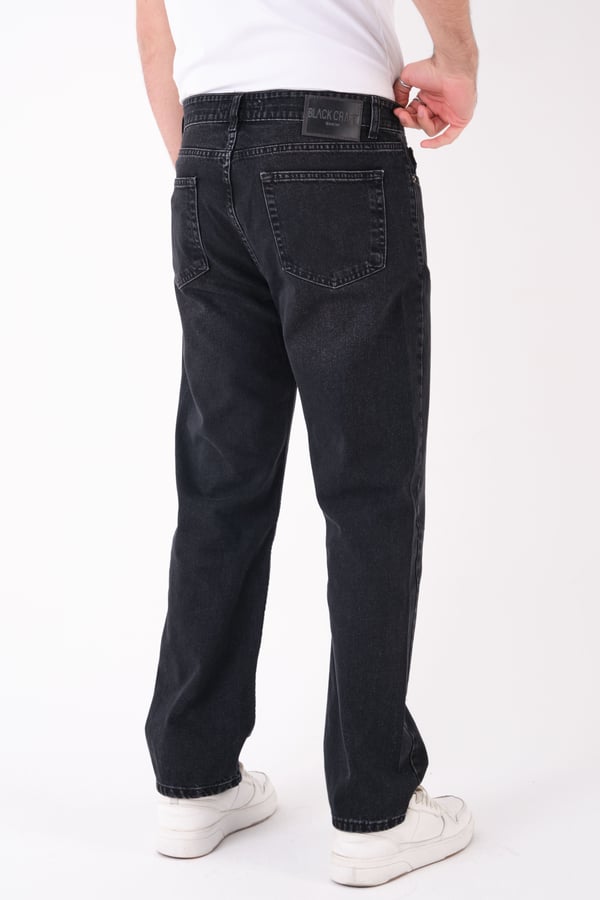 Erkek Siyah Yıkamalı Kot Pantolon Düz Kesim Rahat Kalıp Günlük Denim Jean