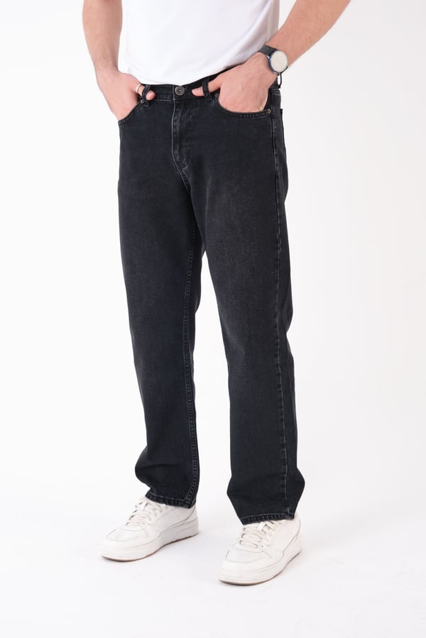 Erkek Siyah Yıkamalı Kot Pantolon Düz Kesim Rahat Kalıp Günlük Denim Jean