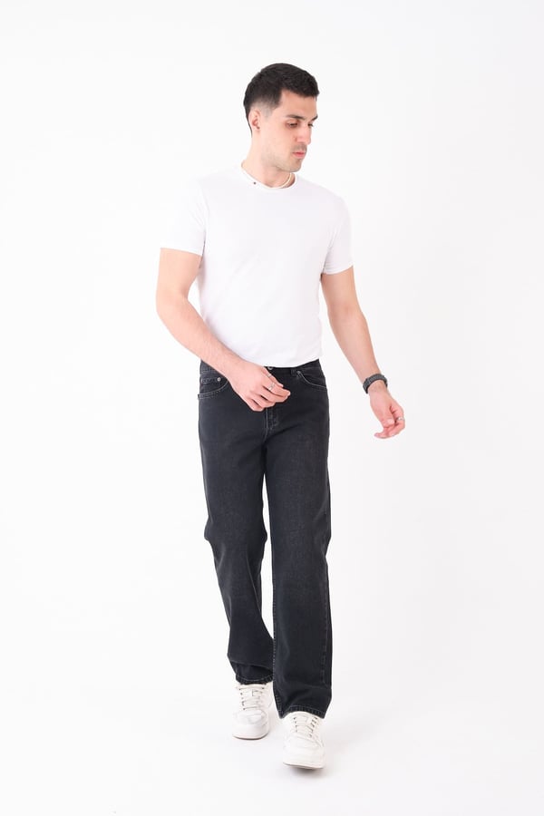 Erkek Siyah Yıkamalı Kot Pantolon Düz Kesim Rahat Kalıp Günlük Denim Jean