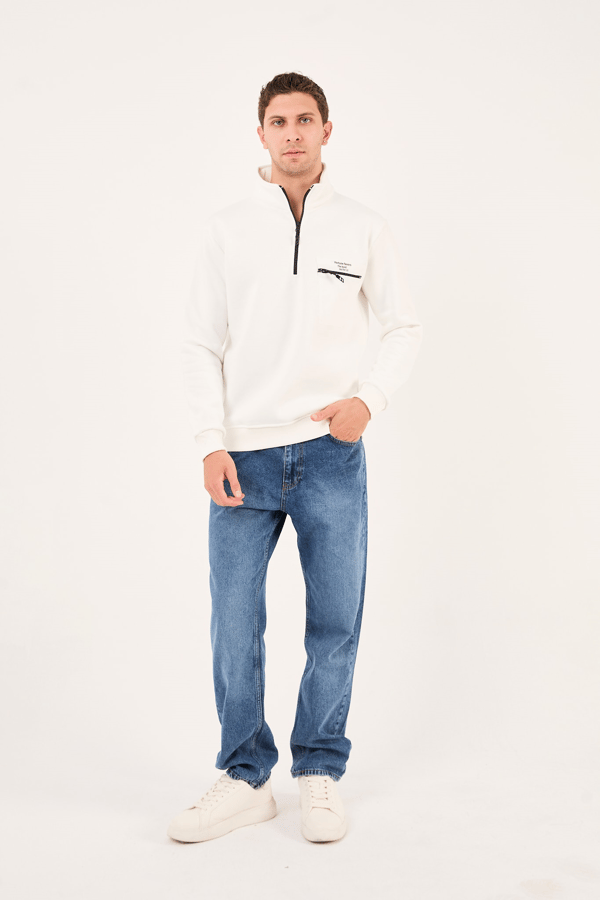 Regular/Normal Kesim Dik Yaka Fermuarlı Pamuklu Basic Erkek Sweatshirt -R2617