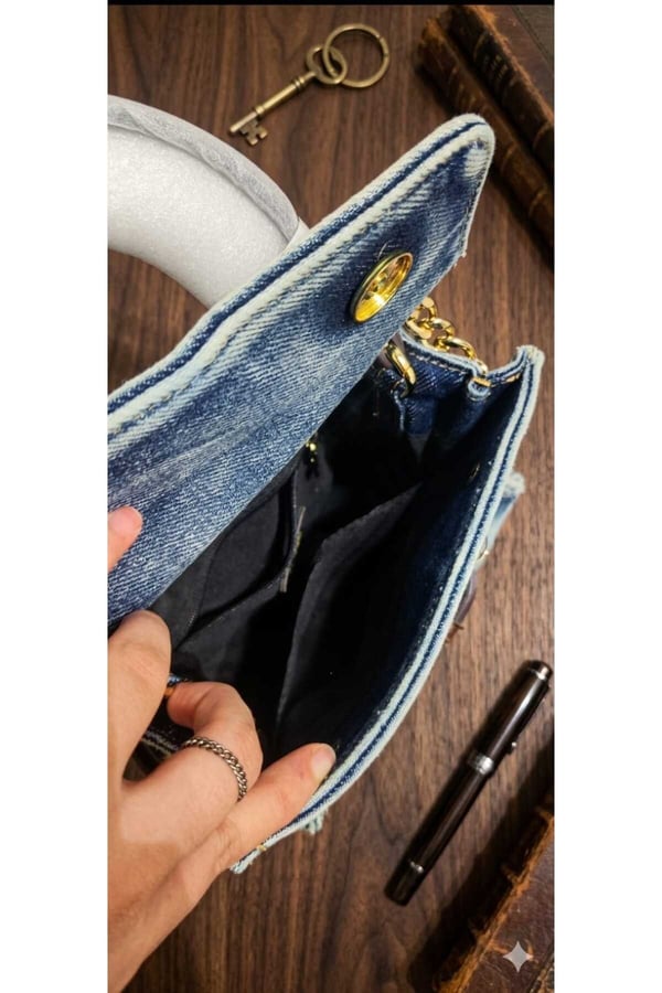 Denim Kot El ve Omuz Çantası - Kahve Deri Garnili Anahtar Aksesuarlı Çapraz Askılı Çanta