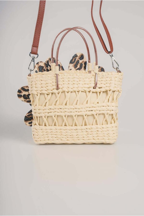 Kadın Leopar Desenli Çiçek Detaylı Hasır Çanta 20x17x7
